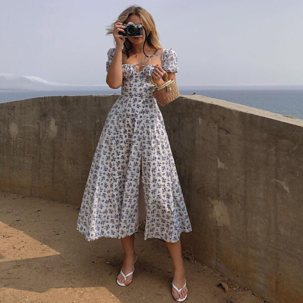 Summer Floral Print Dress Women Sexy Party Long Dresses Puff Short Sleeve - Image 7