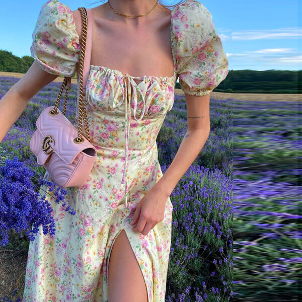Summer Floral Print Dress Women Sexy Party Long Dresses Puff Short Sleeve - Image 3