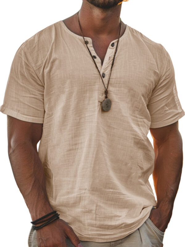 Men's Fashion Wear Men's Stand Collar Half Cardigan 4 Button Short Sleeve Shirt - Image 9