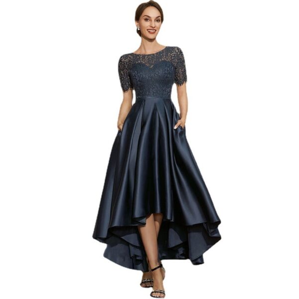 Navy Blue Satin Ball Lace Short Sleeve Dress - Image 3