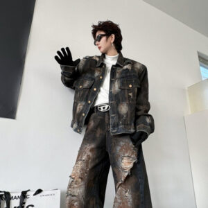 Painting Do The Old Cowboy Jacket Ripped Denim Trousers Men Loose Outfit