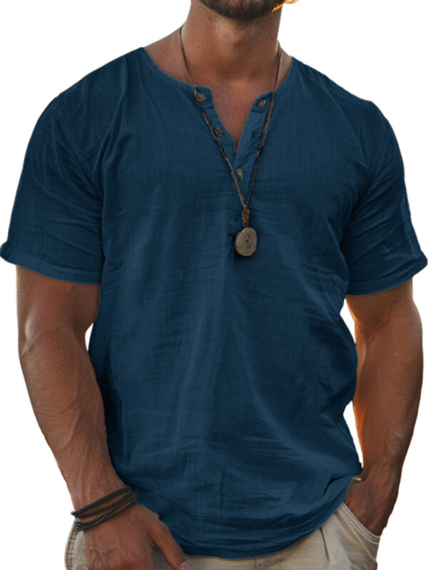 Men's Fashion Wear Men's Stand Collar Half Cardigan 4 Button Short Sleeve Shirt - Image 5