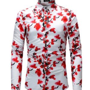 Plum Blossom Shirt Unique Print Hawaiian Men Flowers Shirt Fashion Slim Casual Soft Comfort Long Sleeve Dress Shirt