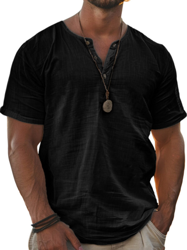 Men's Fashion Wear Men's Stand Collar Half Cardigan 4 Button Short Sleeve Shirt - Image 2