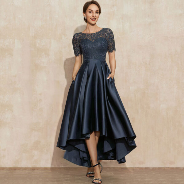 Navy Blue Satin Ball Lace Short Sleeve Dress - Image 5
