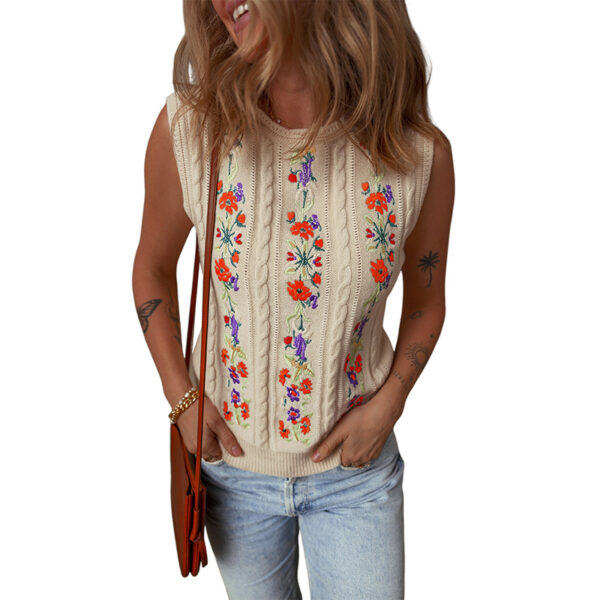 Fashion Floral Embroidered Knitted Vest For Women New Niche Retro Outerwear Sleeveless Top For Women - Image 5