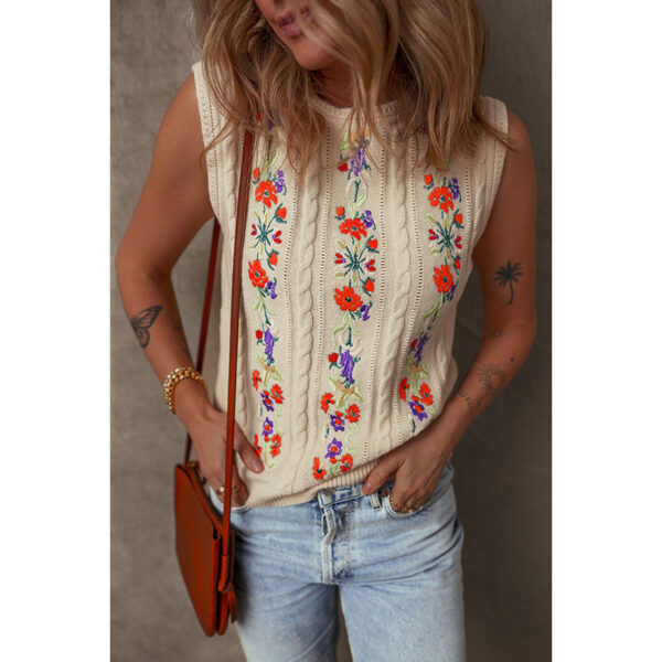Fashion Floral Embroidered Knitted Vest For Women New Niche Retro Outerwear Sleeveless Top For Women - Image 3